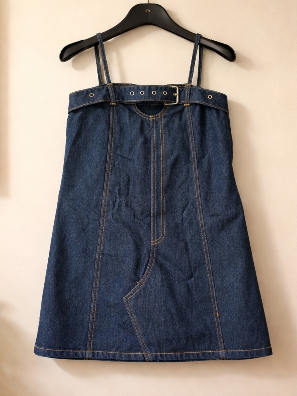 Denim A-Line Strap Dress with Belt - Blue
